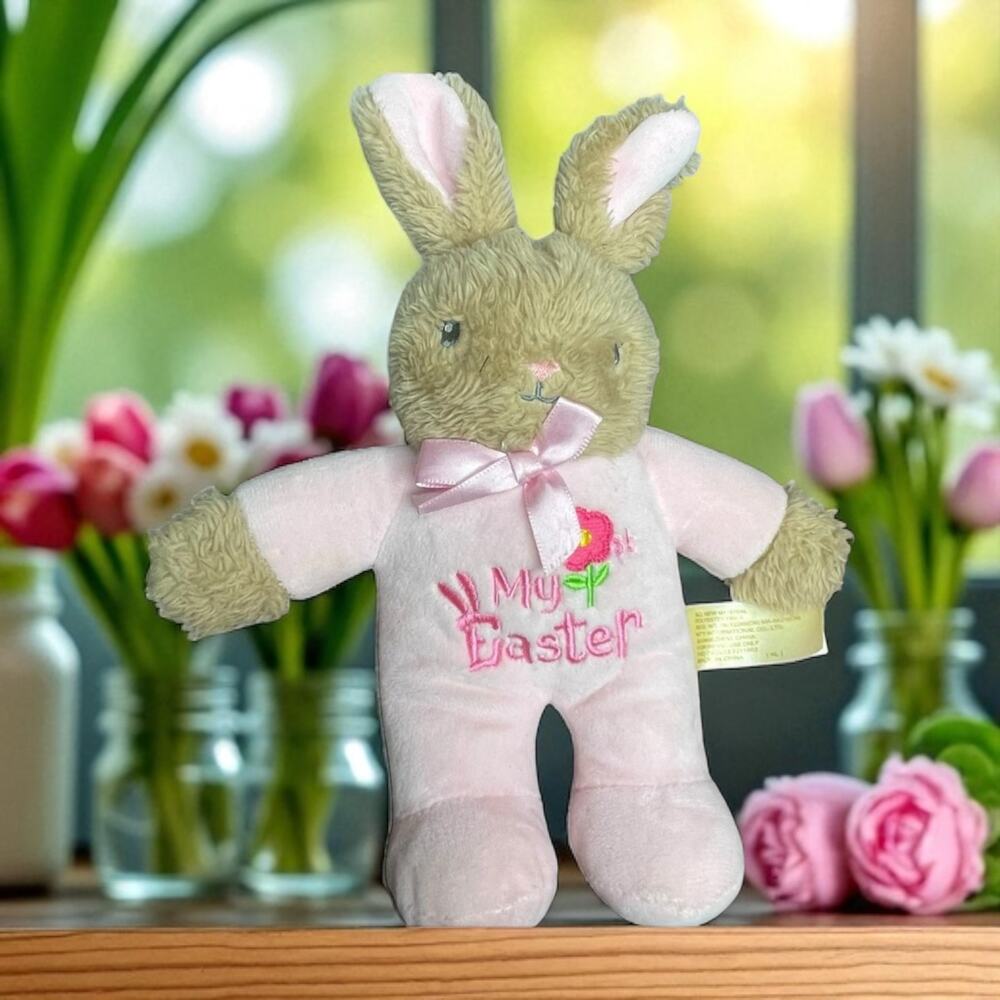 MTY My First Easter Bunny Plush Pink Nursery Decor Rattle Stuffed Animal 10"